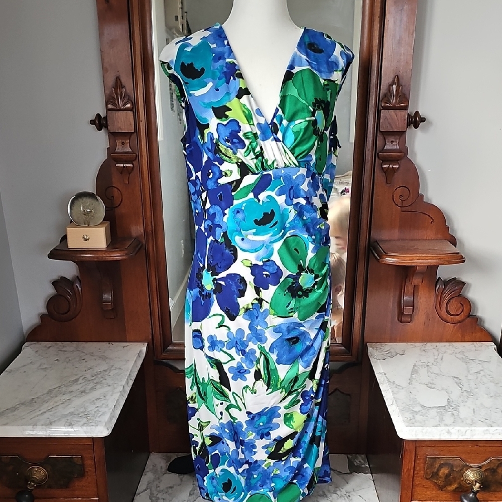 Ralph Lauren Blue and Green Floral Midi Dress